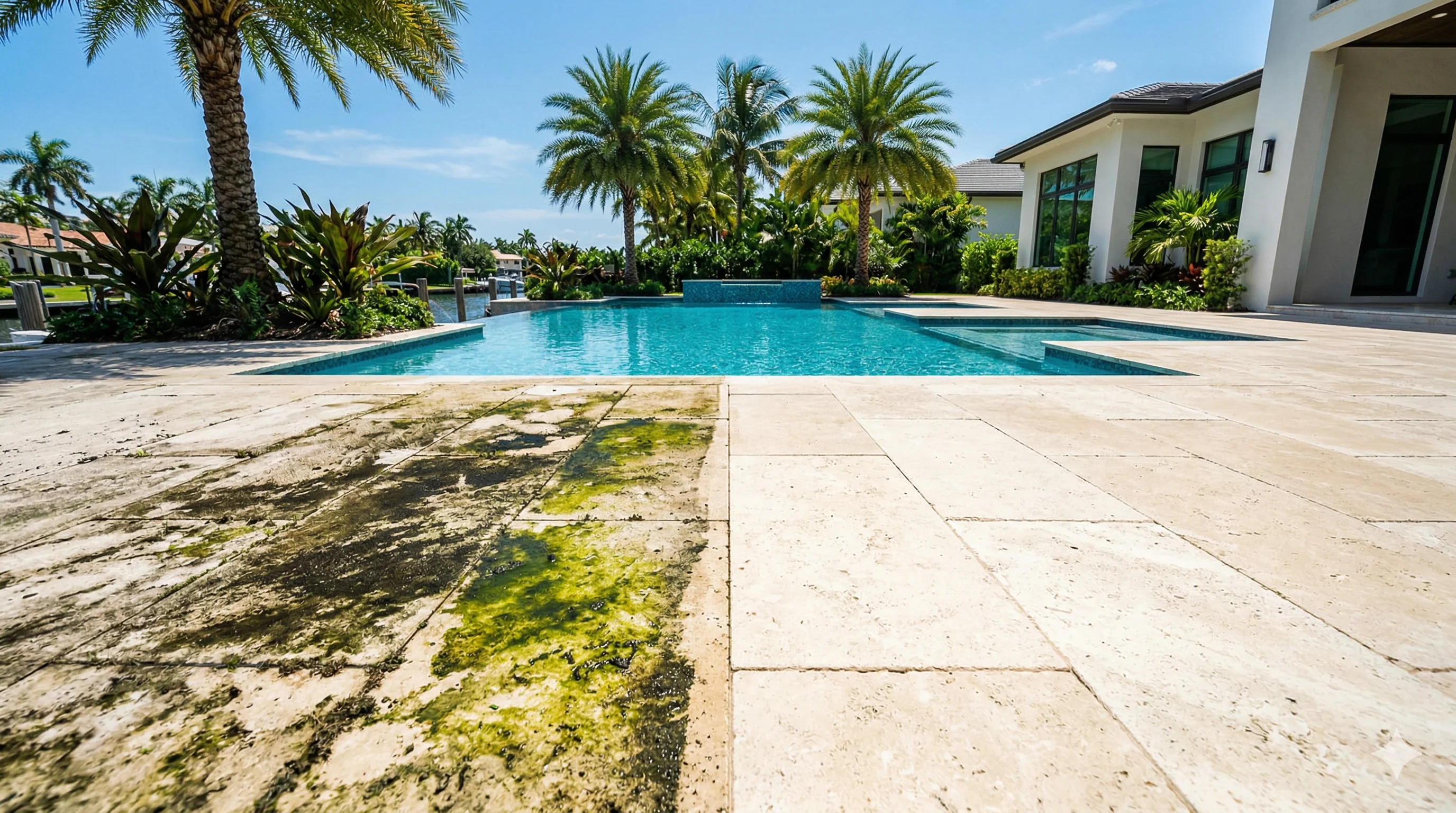 Restauración láser de deck de piscina antes y después en Miami Fort Lauderdale