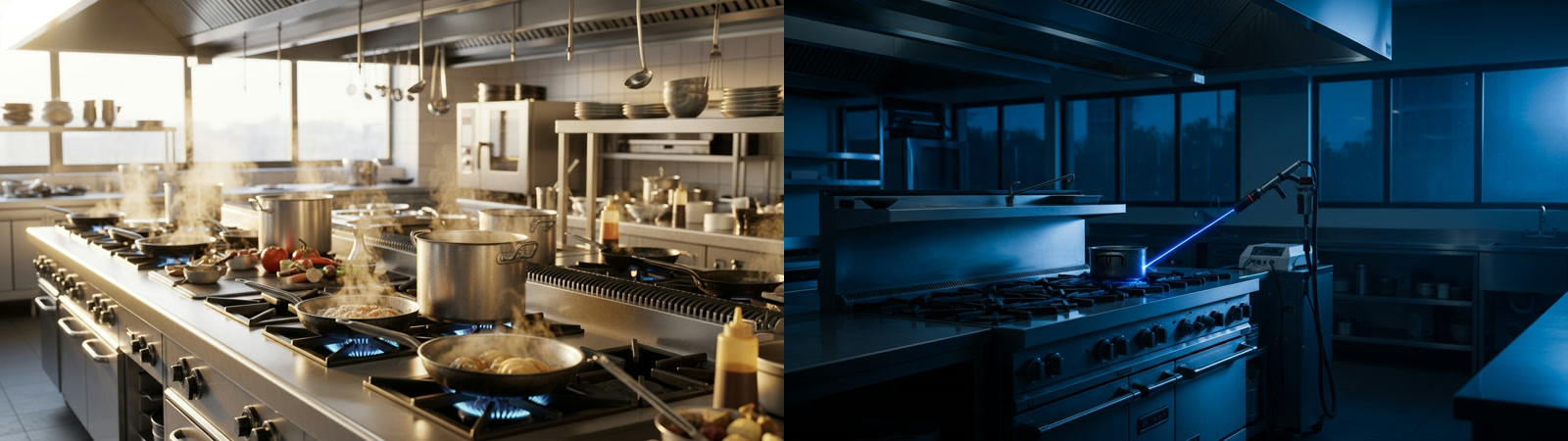 Split view: commercial kitchen cooking during daytime service vs same kitchen being laser-cleaned at night during closed hours