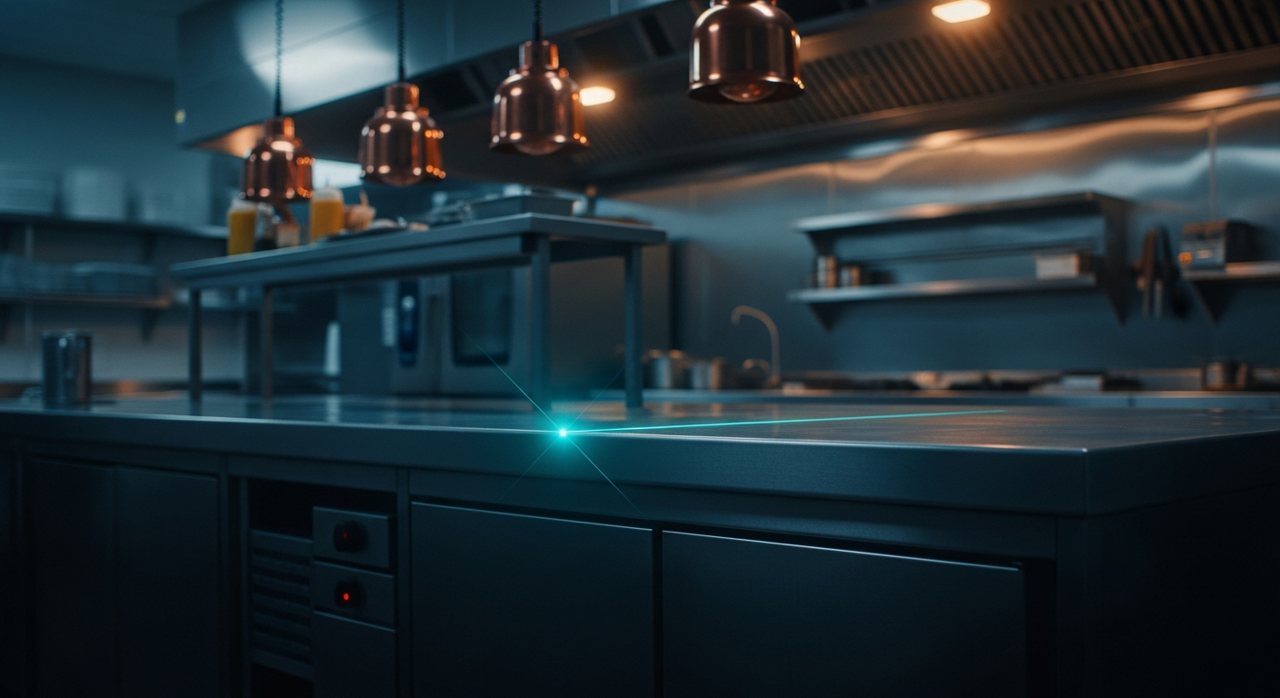 Pristine commercial kitchen at dawn with laser beam