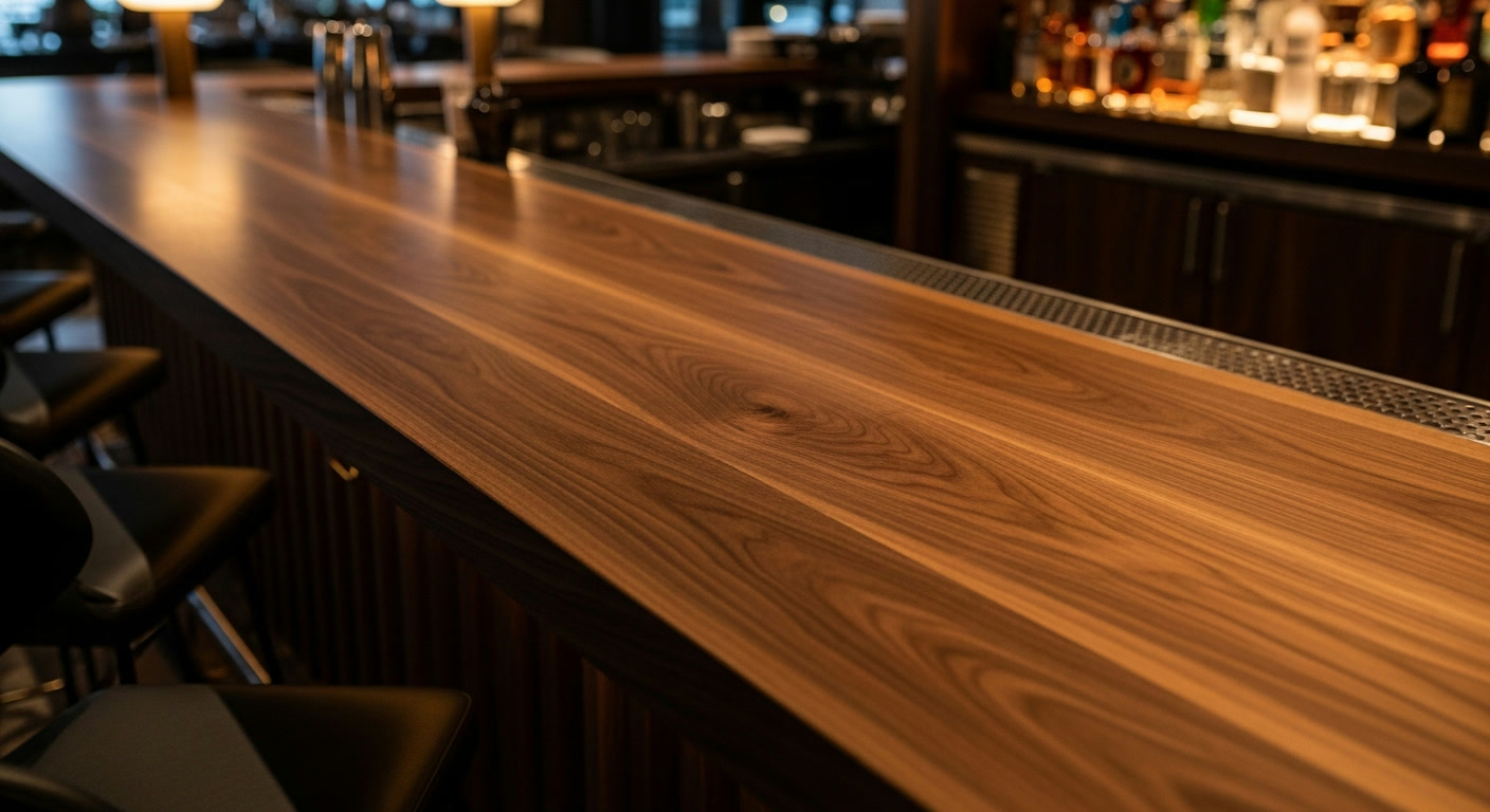 Same wood bar top after laser restoration — grain visible, pristine