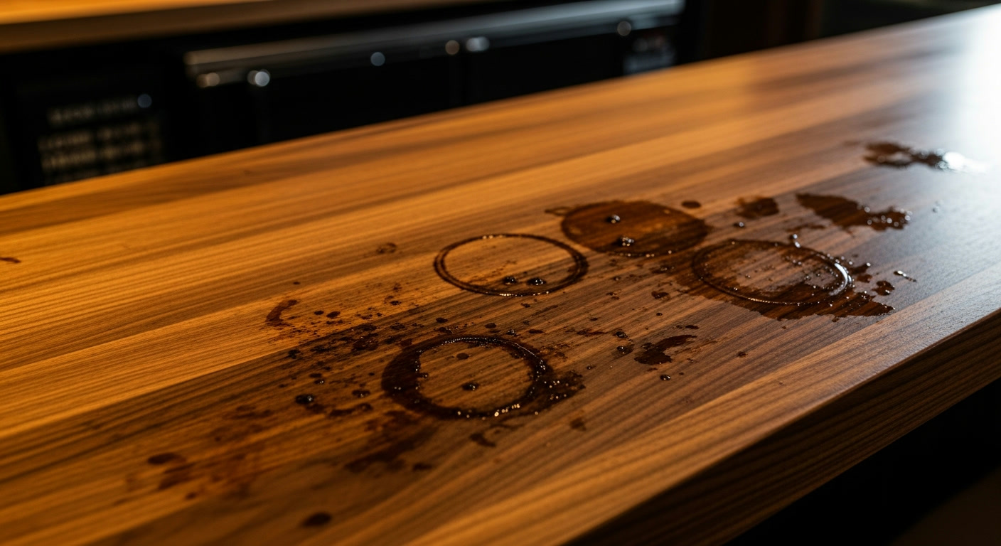 Modern wood bar top with grease stains and years of use